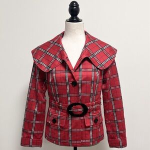 Doncaster Sport Red Black White Plaid Removable Belt Wide Collar Short Jacket 4